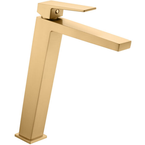 Rubinetto lavabo bagno monocomando con bocca alta per acqua calda e fredda - Rubinetto lavabo alto - Colore Oro Spazzolato