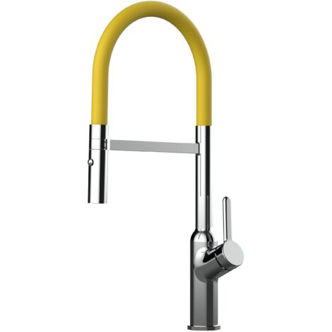 Rubinetto miscelatore Cucina cromato canna gialla movibile e doccia due getti staccabile - serie BOD