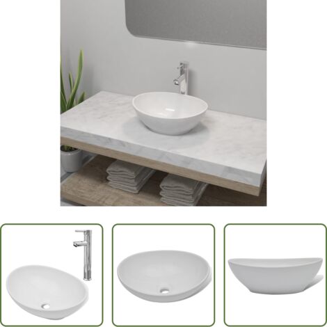 Rubinetto miscelatore -  Lavello Bagno con Miscelatore in Ceramica Ovale Bianco
