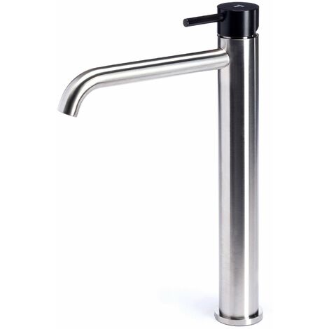 Rubinetto Miscelatore Monocomando Lavabo Alto in Acciaio Inox Satinato Maniglia Carbone