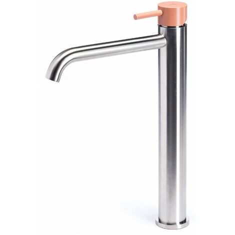 Rubinetto Miscelatore Monocomando Lavabo Alto in Acciaio Inox Satinato Maniglia Cipria