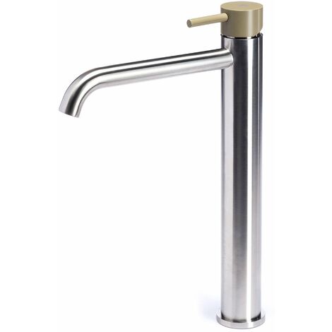 Rubinetto Miscelatore Monocomando Lavabo Alto in Acciaio Inox Satinato Maniglia Ulivo