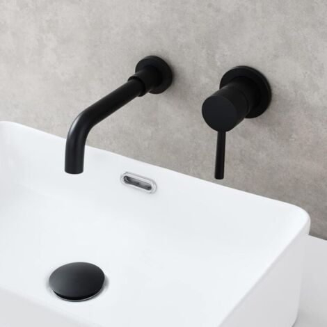 Rubinetto miscelatore per lavabo a parete in ottone nero a 2 fori con erogazione di acqua calda e fredda per il bagno.