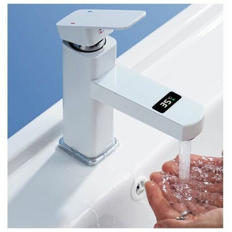 Rubinetto miscelatore per lavabo da bagno in ottone puro, design unico, modello Neoperl con aeratore, finitura cromata e bianca.