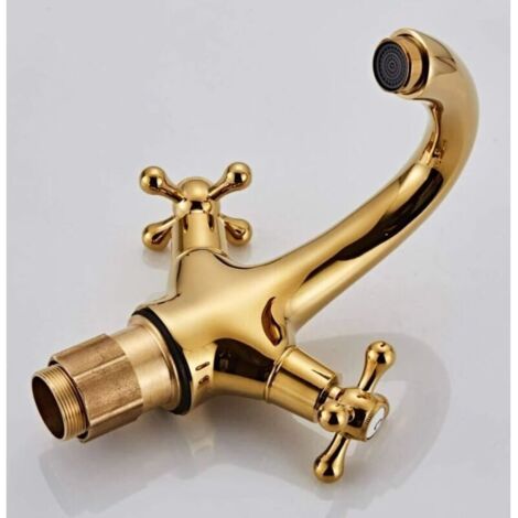 Rubinetto miscelatore per lavabo vintage in ottone con 2 maniglie dorate