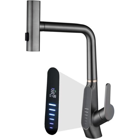 Rubinetto miscelatore per lavello da cucina a cascata con spruzzatore estraibile, rubinetto per lavello da cucina a 3 modalità, rotazione a 360°, display digitale, rubinetto da cucina a vite singola, 