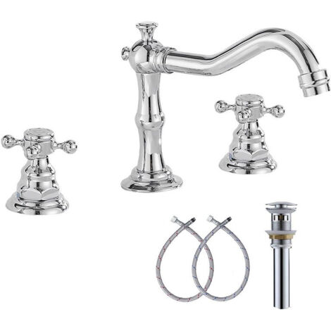 Rubinetto moderno con maniglia a croce in ottone cromato - argento, tre fori, girevole a 360°, adatto per lavabi e lavandini