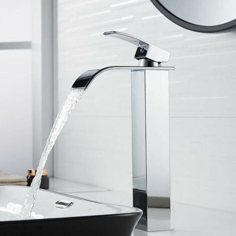 Rubinetto moderno per lavabo a cascata alto, elegante rubinetto per bagno, rubinetto per acqua calda e fredda con maniglia singola