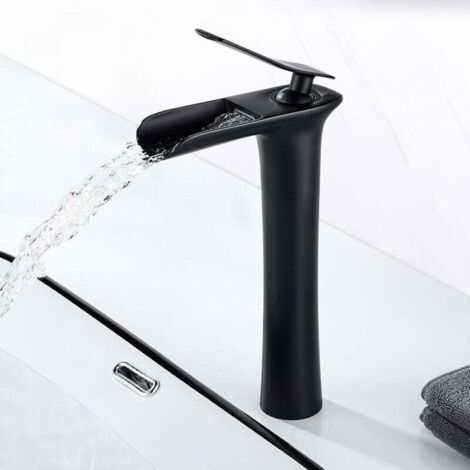 Rubinetto moderno per lavabo a cascata nero, miscelatore per lavabo alto in ottone, rubinetto a cascata disponibile per acqua calda e fredda