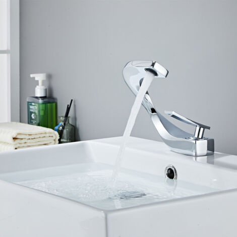 Rubinetto moderno per lavabo da bagno a cascata con maniglia singola, controllo della temperatura/flusso, finitura oro resistente alle impronte digitali, rubinetti per bagno