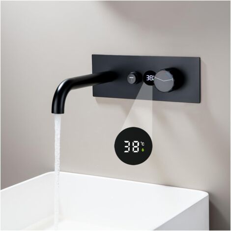 OIHPAW Rubinetto Muro Bagno Con Display Della temperatura a LED Rubinetto per Lavabo Miscelatore in Ottone Parete Acqua Fredda e Calda, Rubinetto Vasca da Bagno Incorporato Nero