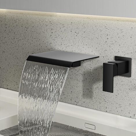 Rubinetto per bagno a cascata a parete, miscelatore monocomando a cascata, rubinetto per lavabo da appoggio, acqua calda e fredda, ultrasottile, rame massiccio, nero