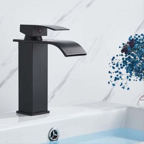 Rubinetto per bagno a cascata da appoggio nero, miscelatore per lavabo, acqua calda e fredda
