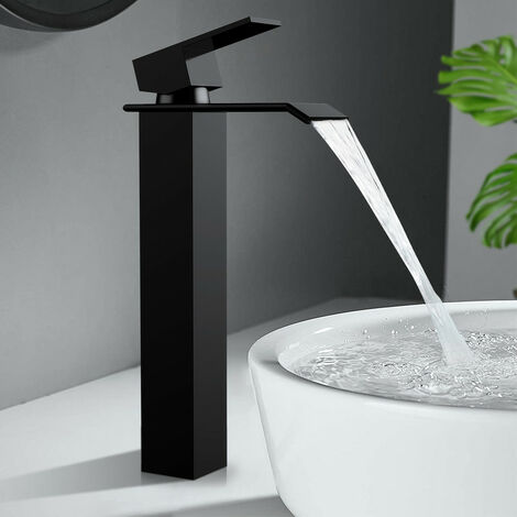 Rubinetto per Bagno a Cascata Nera Miscelatore Monocomando per Lavabo con Bocca Alta Miscelatore per Lavabo in Acciaio Inossidabile per Bagno di Design Moderno