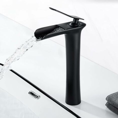 Rubinetto per bagno a cascata nero opaco, moderno miscelatore per lavabo a cascata alto, rubinetto per lavabo con altezza beccuccio 235 mm, miscelatore per bagno in ottone, acqua calda e fredda dispon