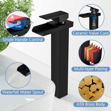 Rubinetto per bagno a cascata nero opaco, rubinetto per lavabo alto UE, rubinetto per lavabo da appoggio quadrato in ottone, acqua calda e fredda, G 3/8