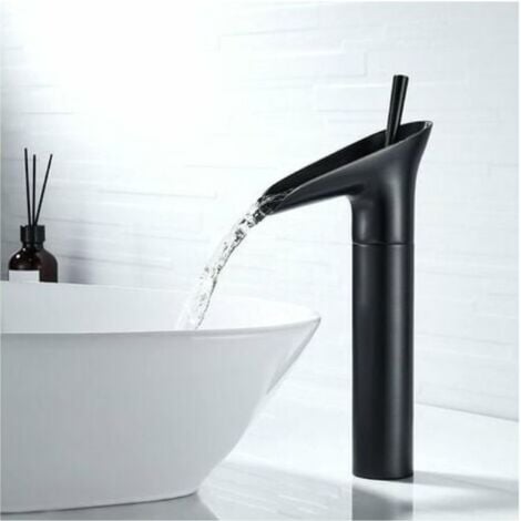 R & G Rubinetto per bagno nero, rubinetto a cascata, miscelatore per lavabo monocomando retrò nero, rubinetto per lavabo, rubinetto per bagno alto da appoggio in ottone, rubinetto per lavabo