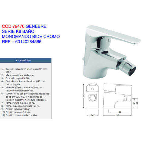 Rubinetto per bidet monocomando serie Genebre K8 cromato
