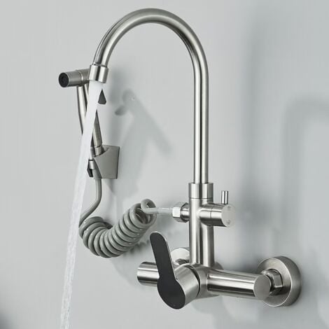 ONYZPILY Robinet de Cuisine Mural Nickel Brossé avec Pistolet Pulvérisateur et 2 Types de Jets d'eau Montage Mitigeur Encastré Monocommande en Acier Inoxydable 304 avec Bec Haut Pivotant à 360°