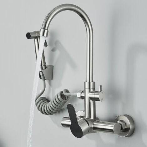 ONYZPILY Rubinetto per Cucina a Muro,Rubinetto da Muro con Doccetta,Miscelatore Caldo e Freddo Girevole a 360°, Acciaio Inossidabile Spazzolato