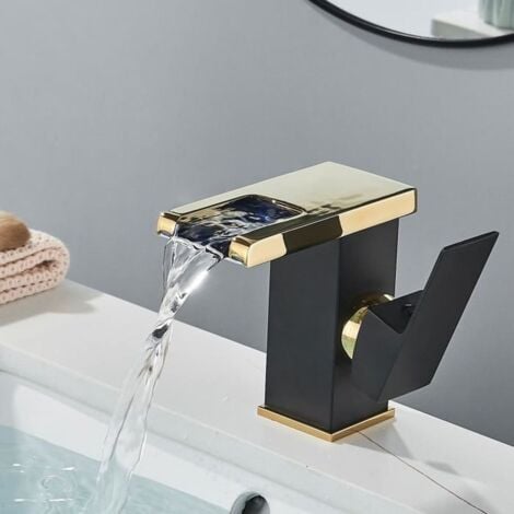 Rubinetto per lavabo a cascata a LED - Rubinetto per bagno nero e oro - Miscelatore per lavabo oro - Rubinetto vintage - Ottone