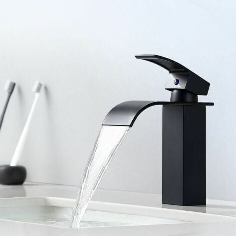 ALOVEZ Rubinetto per lavabo a cascata Auralum monocomando Rubinetto per bagno monocomando moderno nero per rubinetti per lavabo da appoggio adatto per lavabo da incasso