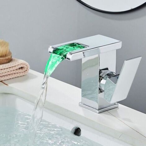 Rubinetto per lavabo a cascata con LED - Rubinetto per bagno - Miscelatore per lavabo a basso profilo cromato - Rubinetto vintage
