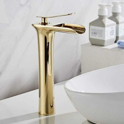 Rubinetto per lavabo a cascata, rubinetto miscelatore a cascata, rubinetto per lavabo a cascata alto, rubinetto per lavabo a cascata in oro, rubinetto per lavabo in oro