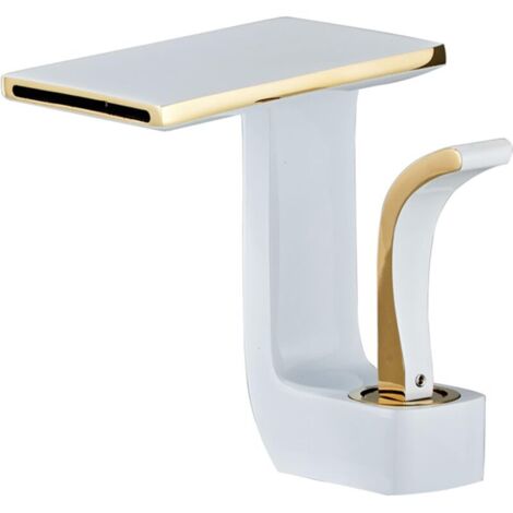 Rubinetto per lavabo a cascata, rubinetto per acqua calda e fredda, miscelatore monocomando, ottone (bianco e oro)