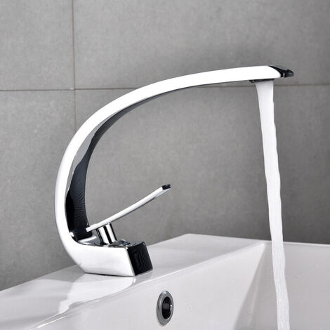 Rubinetto per lavabo a foro singolo, rubinetto per lavabo elegante, ottone cromato, design unico, rubinetto per lavabo da bagno.