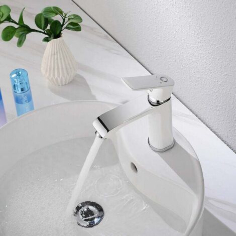 Rubinetto per lavabo con acqua calda e fredda, rubinetto per bagno bianco e cromato, miscelatore per lavabo con 2 tipi di regolazione, ottone