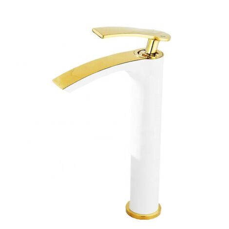 Rubinetto per lavabo da appoggio con maniglia singola, monoforo, montaggio a piano, oro bianco (versione lunga)
