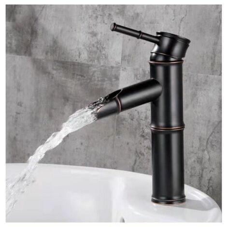 Rubinetto per lavabo da appoggio in rame anticato stile europeo, rubinetto per lavabo in bambù (corto stile anticato nero + vicino al tubo dell'acqua)