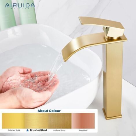 Rubinetto per lavabo da bagno a cascata alta in oro spazzolato, rubinetto da bagno moderno monocomando, rubinetto da bar in stile rustico a foro singolo, rubinetto per lavabo da piano
