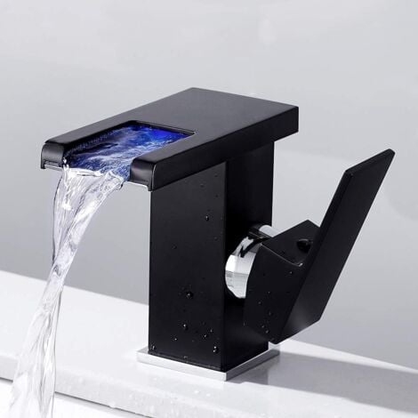 Rubinetto per lavabo da bagno a LED con cascata, acqua calda e fredda (nero)