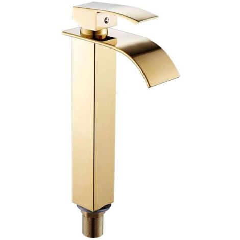 Rubinetto per lavabo da bagno con beccuccio a cascata alto, moderno miscelatore monoforo per acqua calda e fredda cromato quadrato (oro)