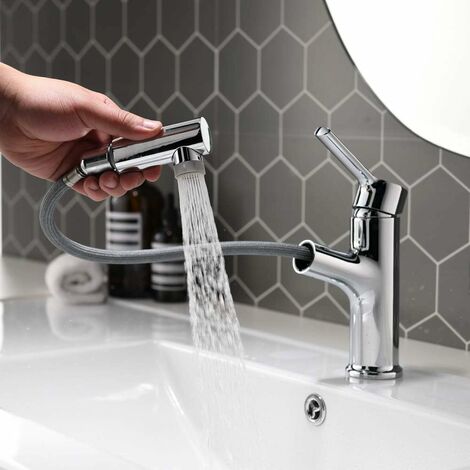 Rubinetto per lavabo da bagno con doccetta estraibile 2 getti Lavello da cucina monocomando in ottone resistente Rubinetti per lavabo cromati