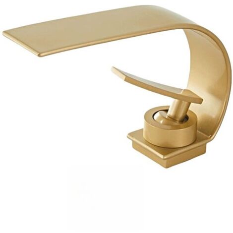 Rubinetto per lavabo da bagno, modello a cascata, corpo in ottone, con opzioni acqua calda e fredda, finitura dorata.