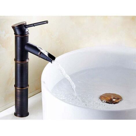 Rubinetto per lavabo da bagno moderno commerciale con design a cascata in bronzo antico e bambù, 3 connessioni, in acciaio inox bronzo nero, senza piletta di scarico a scomparsa, nero.