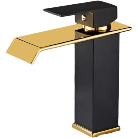 Rubinetto per lavabo da bagno nero con anima in rame e cascata, moderno rubinetto per lavabo con maniglia singola, elegante e resistente (corto nero e oro)