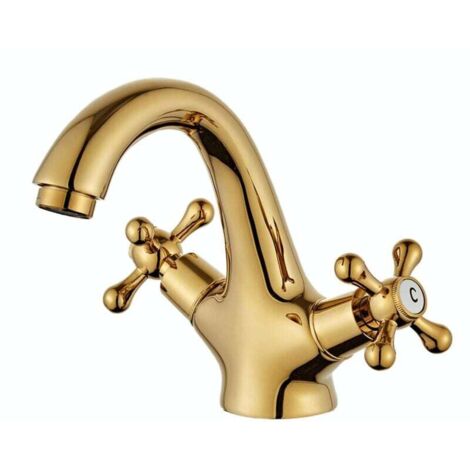 Rubinetto per lavabo da bagno Ulisem, miscelatore a due maniglie, stile retrò vintage, in ottone anticato e oro