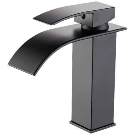Rubinetto per lavabo moderno a cascata, nero opaco, con maniglia singola, adatto per installazioni a 1 o 3 fori, fornito con gittata regolabile e tubo flessibile.
