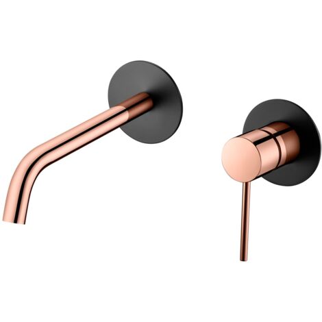 Rubinetto per lavabo monocomando da incasso con supporto a parete - Rubinetti da bagno da incasso per lavelli - Colore nero opaco e oro rosa