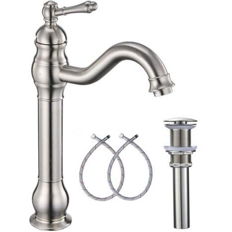 Rubinetto per lavabo monoforo girevole a 360° con maniglia singola e piletta a scomparsa, finitura argento spazzolato.