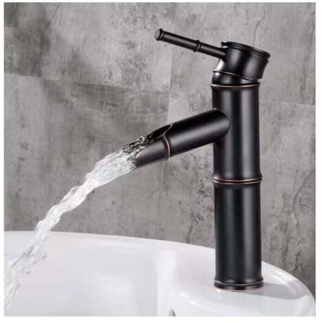 Rubinetto per lavabo soprapiano in stile europeo antico, interamente in rame, rubinetto per lavabo in bambù (stile corto antico nero + tubo dell'acqua vicino)