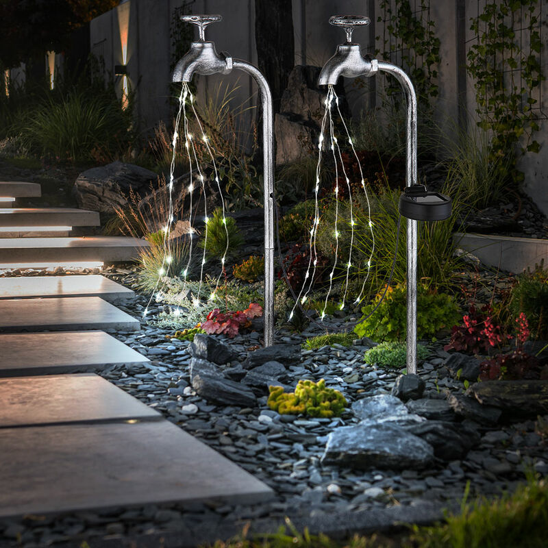 Image of Rubinetto solare rubinetto decorativo da giardino con luce esterna Spina solare da giardino per esterno, metallo argento, 60x LED bianco caldo, LxPxA