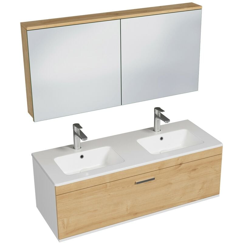 Saniverre - rubite Meuble salle de bain double vasque 1 tiroir chêne clair largeur 120 cm + miroir armoire