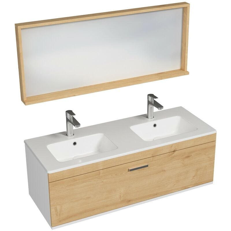 Saniverre - rubite Meuble salle de bain double vasque 1 tiroir chêne clair largeur 120 cm + miroir cadre