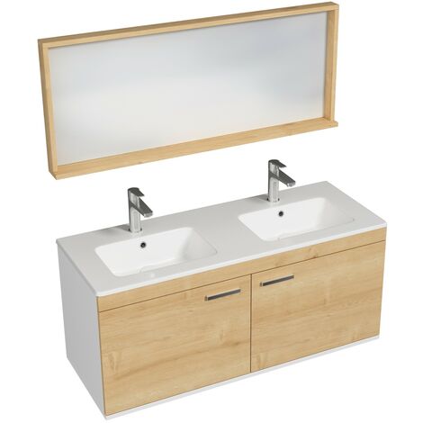 RUBITE Meuble salle de bain double vasque 2 portes chêne clair largeur 120 cm + miroir cadre