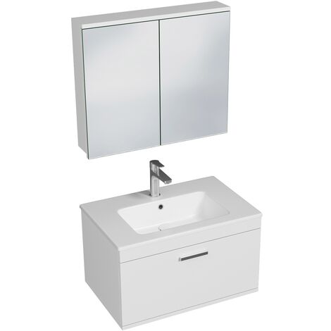 RUBITE Meuble salle de bain simple vasque 1 tiroir blanc largeur 70 cm + miroir armoire
